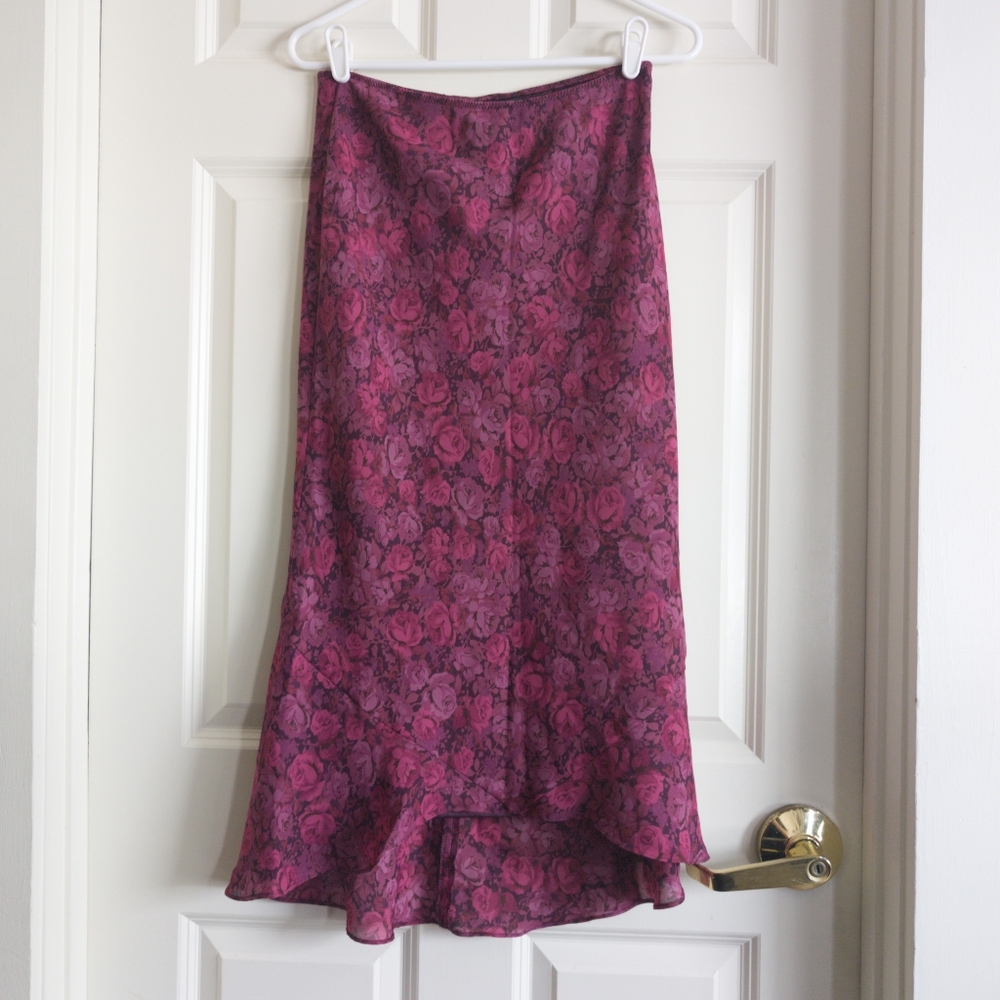 Vintage 90s or Y2K digital floral print mesh maxi skirt asymmetrical hem